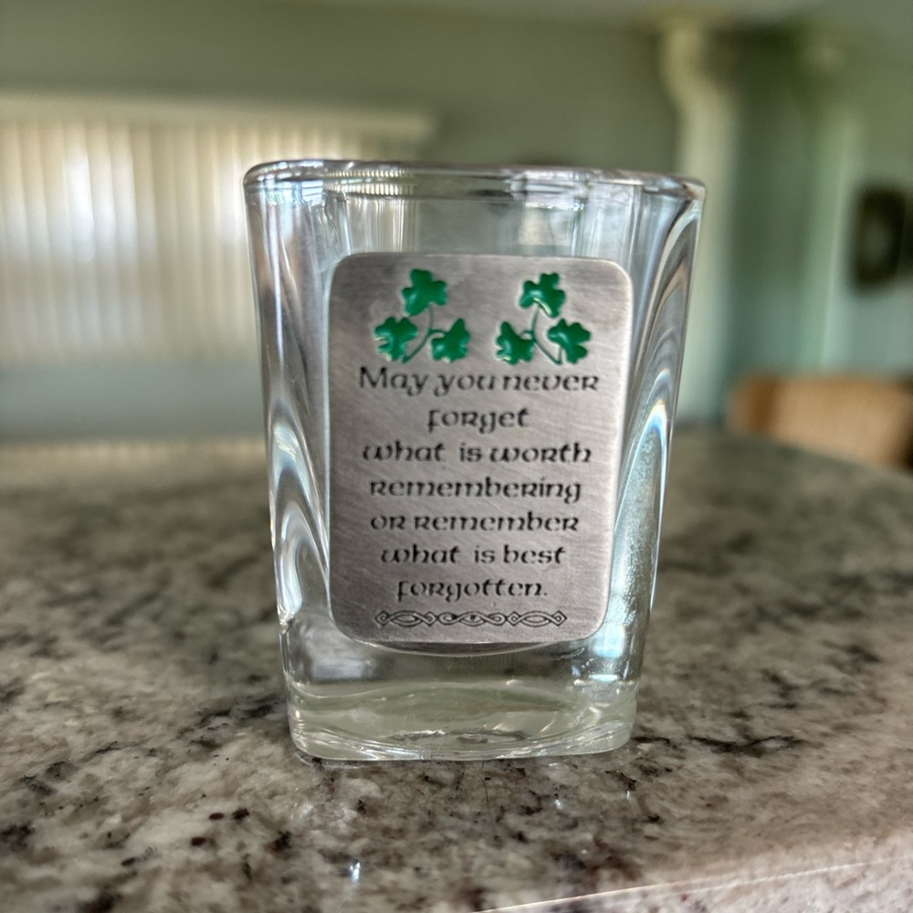 Vintage Irish Blessing Shot Glass w/ Green Shamrock Design- Pewter Blessing EUC